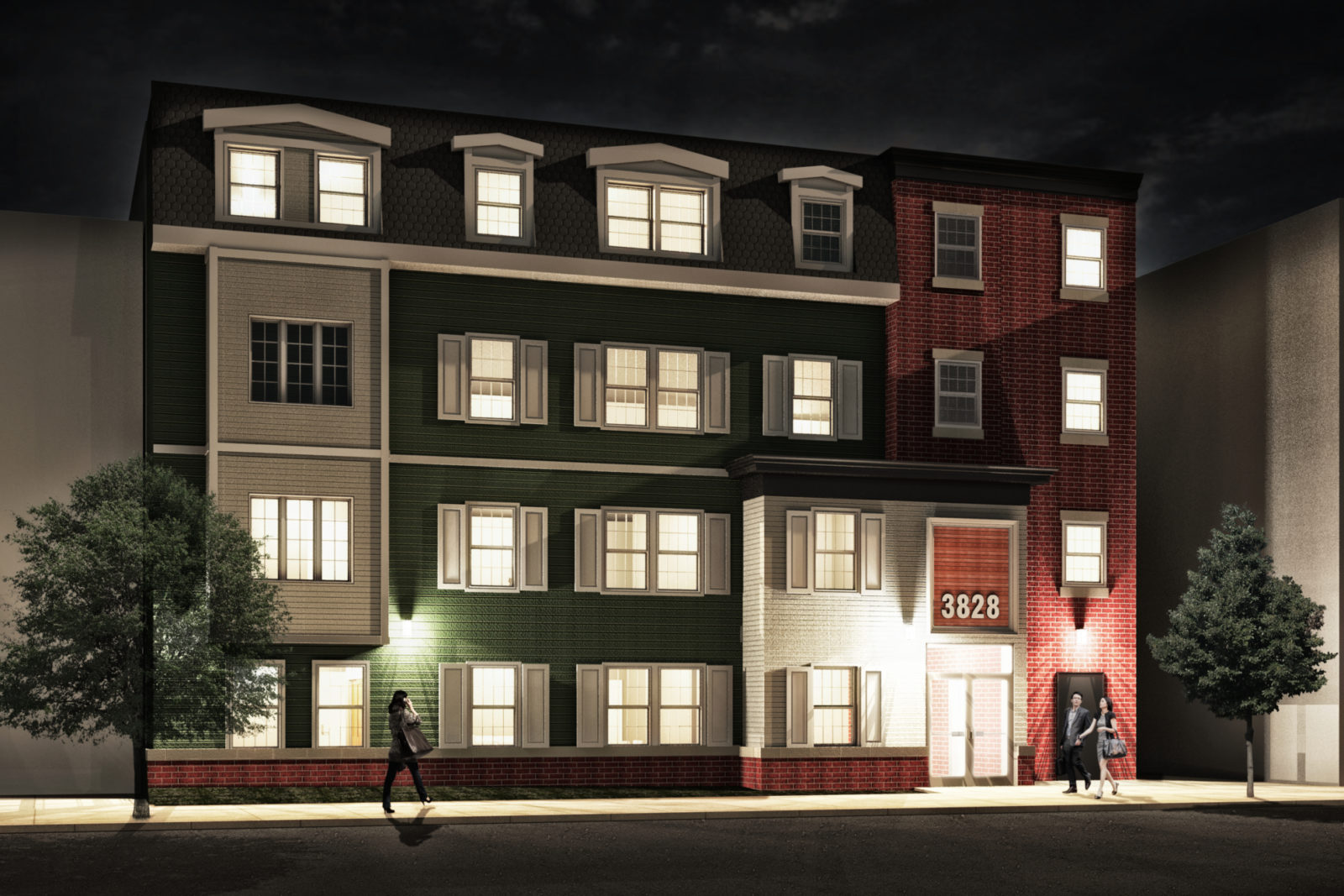 Exterior of Schuyler Building Apartments at 3828 Spring Garden Street at Night