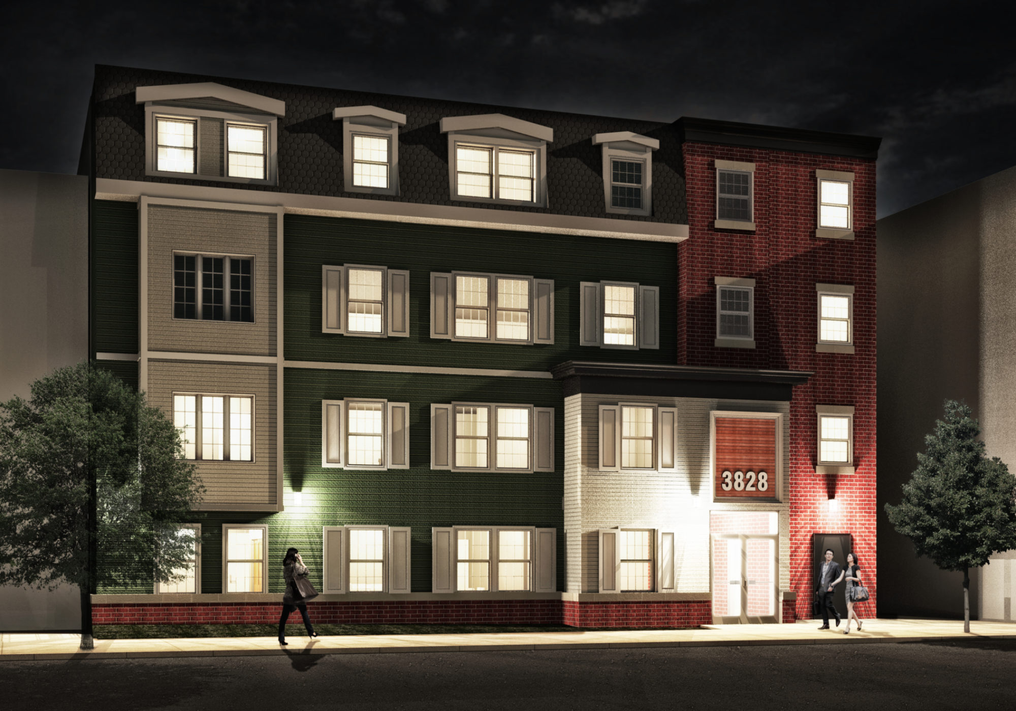 Exterior of Schuyler Building Apartments at 3828 Spring Garden Street at Night